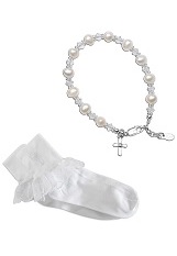 lovely silver pearls and crystals cross christening bracelets with white socks